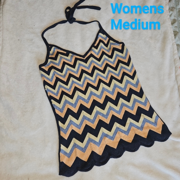 Takara Chevron Pattern Chrochet Halter Top Boho Scallop Hem Summer Women Medium - Picture 1 of 7